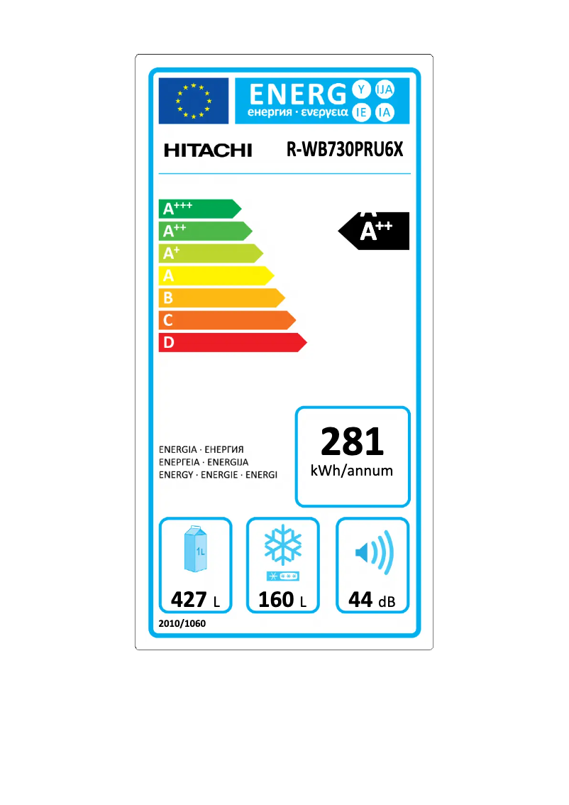 Page 1 de la notice Label énergétique Hitachi R-WB730PRU6X