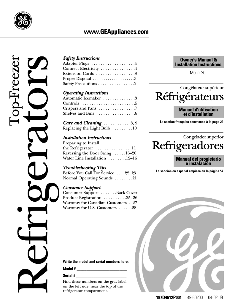 Image de la première page du manuel de l'appareil GTS20ICNWW