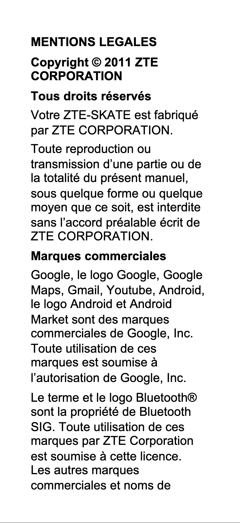 Page 1 de la notice Manuel utilisateur ZTE Skate