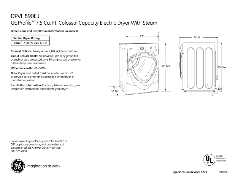 Page 1 de la notice Fiche technique GE Profile DPVH890EJWW