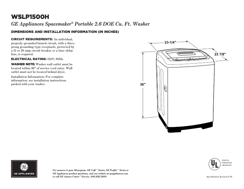 Page 1 de la notice Fiche technique GE WSLP1500HWW