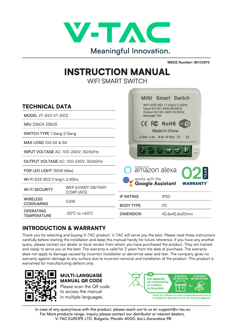 Page n°1 - Manuel utilisateur V-TAC VT-5102
