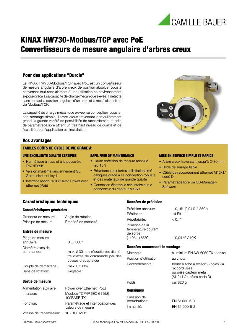 Página 1 del manual Ficha técnica Camille Bauer KINAX HW730-Modbus/TCP
