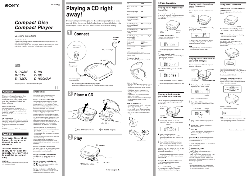 Page 1 de la notice Manuel utilisateur Sony D-182CKAN
