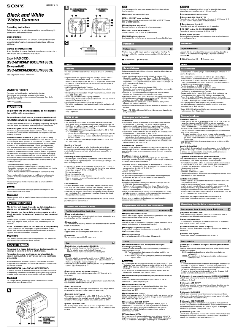 Page 1 de la notice Manuel utilisateur Sony SSC-M383