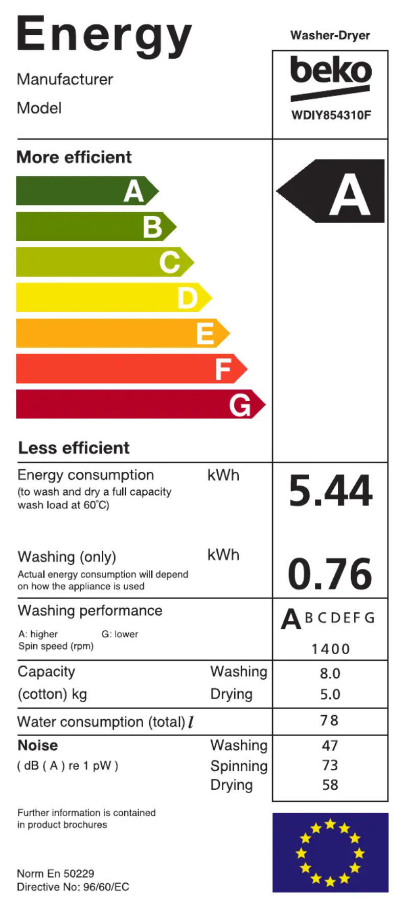 Page 1 de la notice Label énergétique Beko WDIY854310F