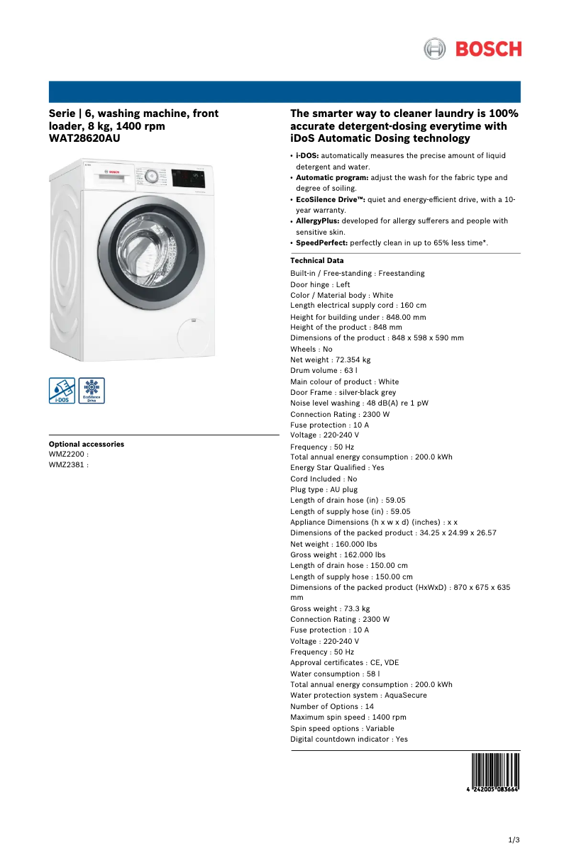 Page n°1 - Fiche technique Bosch WAT28620AU