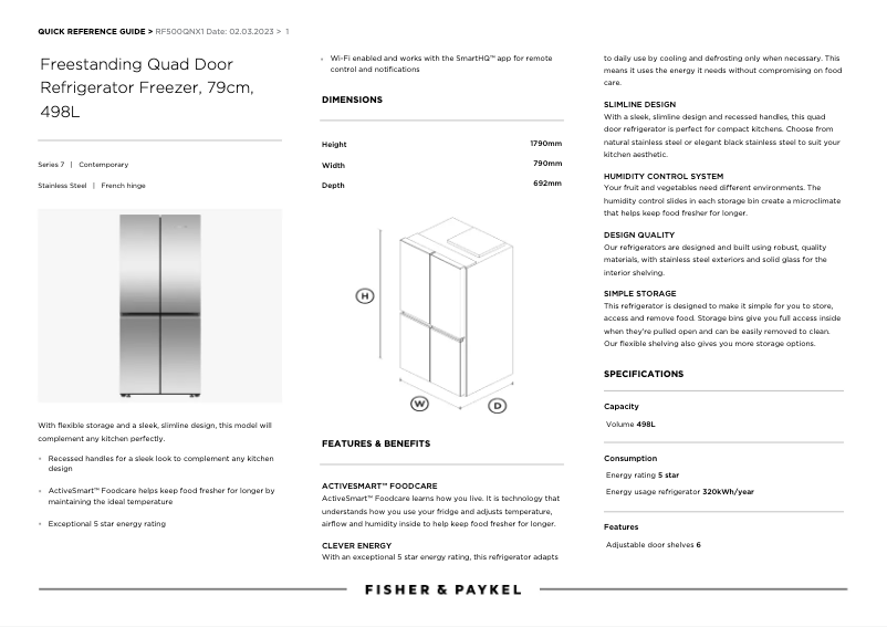 Page 1 de la notice Fiche technique Fisher & Paykel RF500QNX1