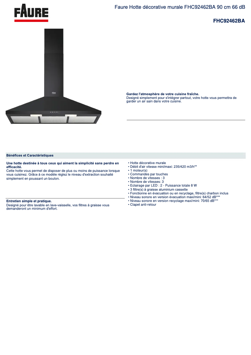Página 1 del manual Ficha técnica Faure FHC92462BA