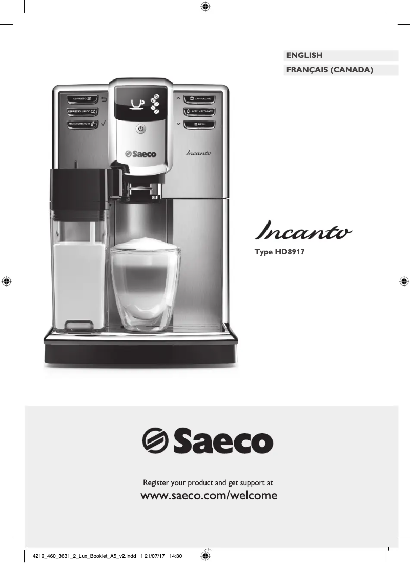 Page 1 de la notice Manuel utilisateur Philips Saeco Incanto HD8917