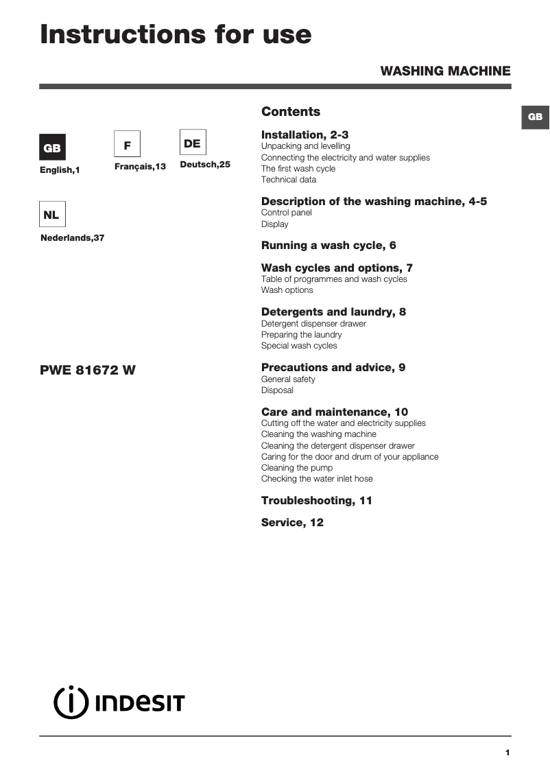 Page n°1 - Manuel utilisateur Indesit PWE 81672 W