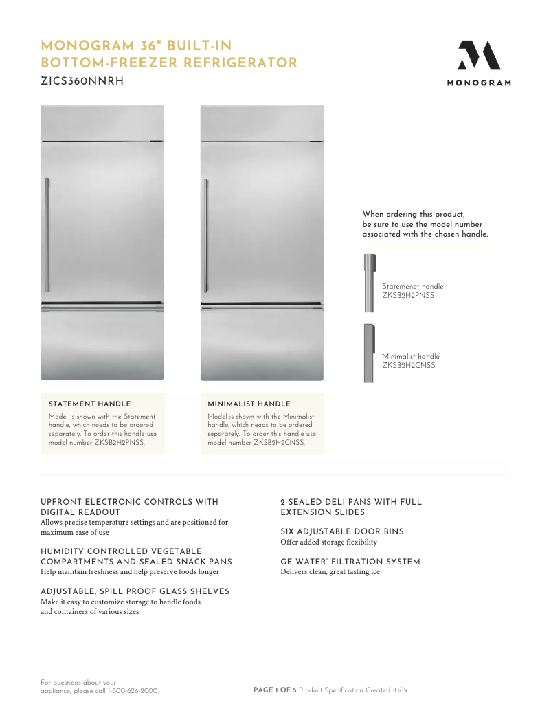 Page 1 de la notice Fiche technique Monogram ZICS360NNRH