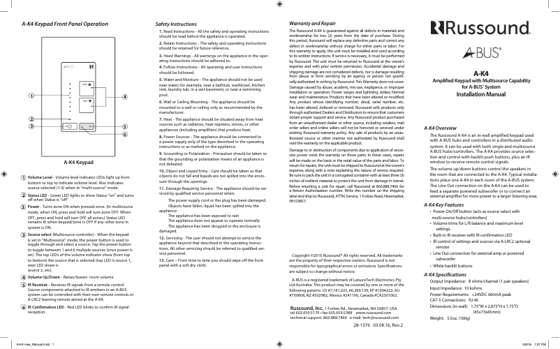 Page n°1 - Manuel utilisateur Russound A-K4