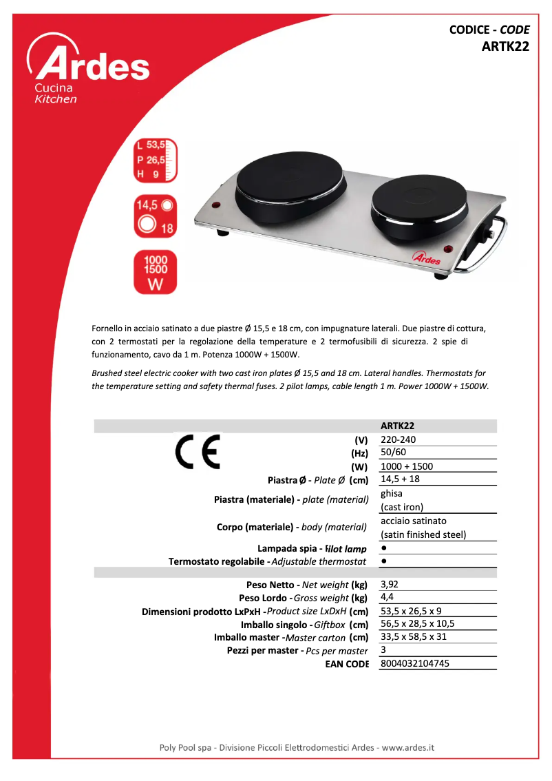 Página 1 del manual Ficha técnica Ardes ARTK22