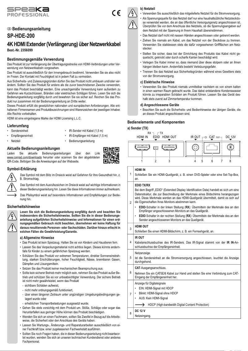 Page 1 de la notice Manuel utilisateur Speaka SP-HDE-200