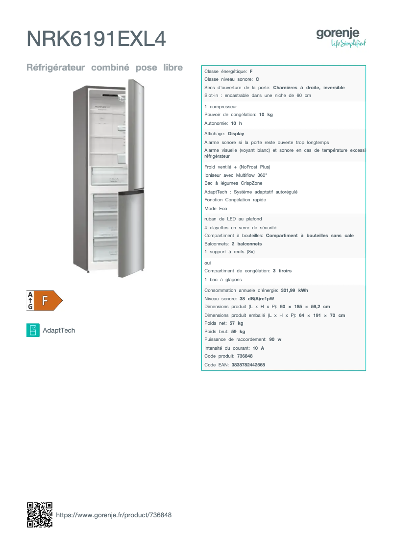 Page n°1 - Fiche technique Gorenje NRK6191EXL4