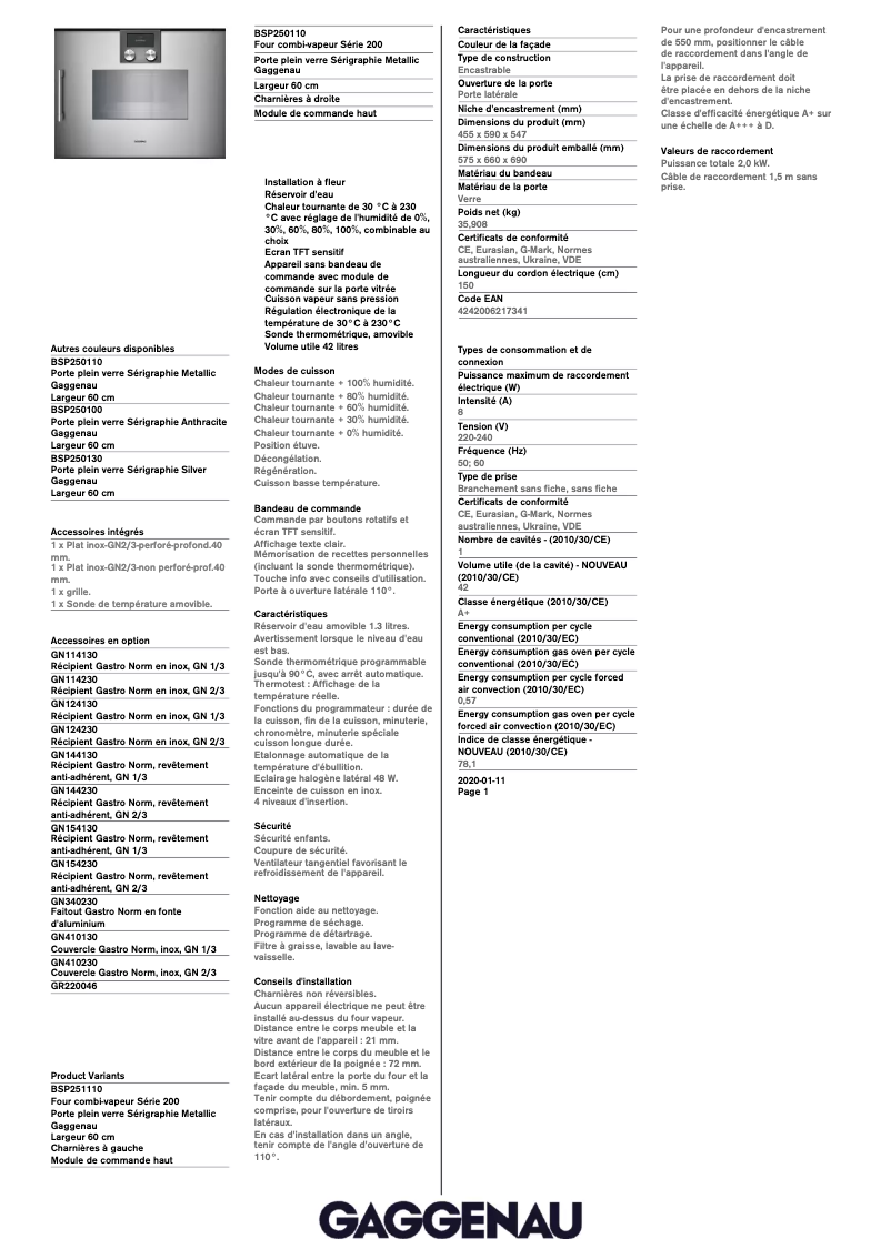 Page 1 de la notice Fiche technique Gaggenau BSP250110