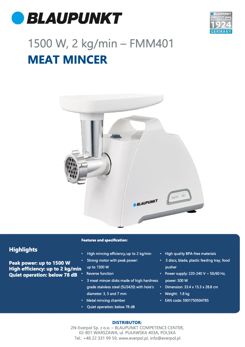 Page n°1 - Fiche technique Blaupunkt FMM401