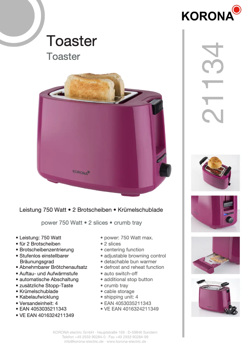 Page 1 de la notice Fiche technique Korona 21134