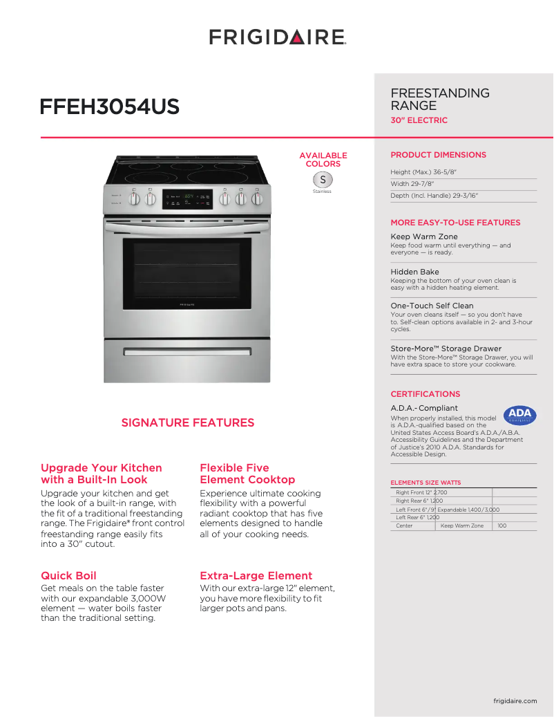 Page n°1 - Fiche technique Frigidaire FFEH3054US