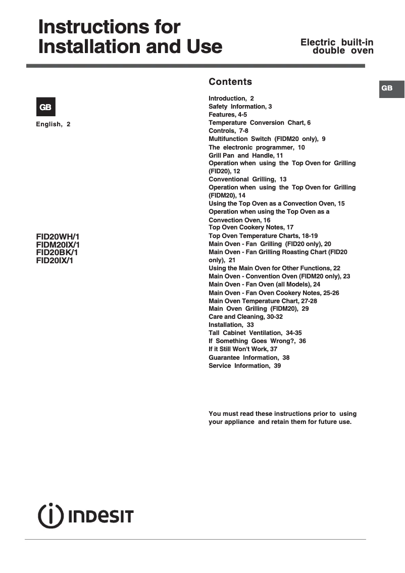 Page 1 de la notice Manuel utilisateur Indesit FID20BK/1