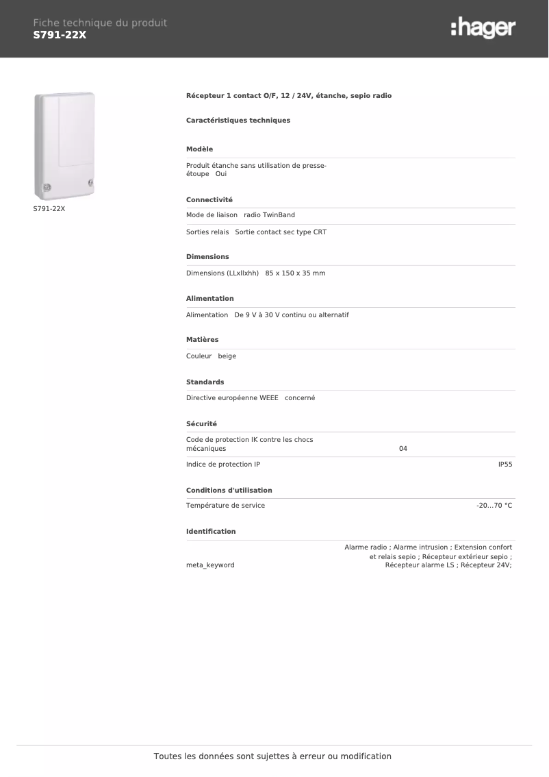 Page 1 de la notice Fiche technique Hager S791-22X