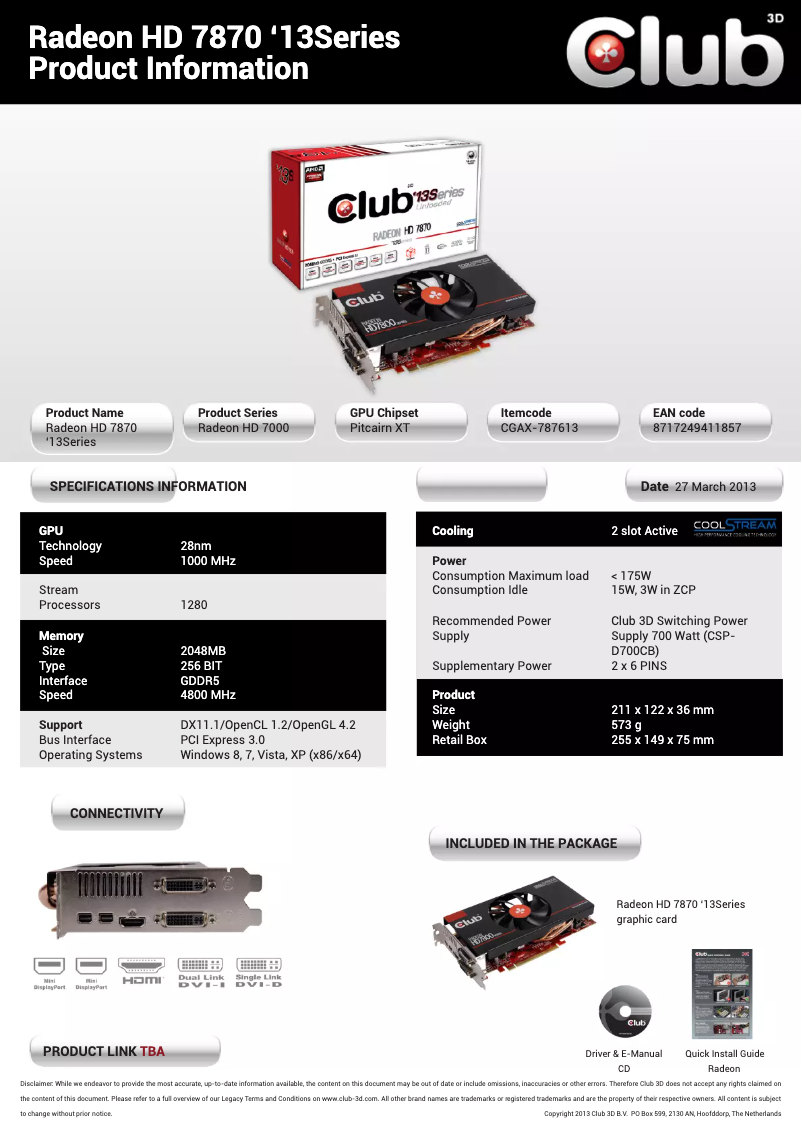 Page 1 de la notice Manuel utilisateur CLUB3D Radeon HD7870 '13Series
