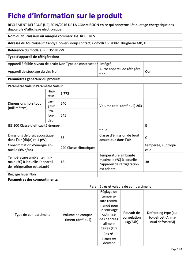 Page 1 de la notice Fiche technique Rosieres RBL3518EVW
