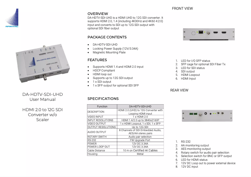 Page n°1 - Manuel utilisateur Apantac DA-HDTV-SDI-UHD