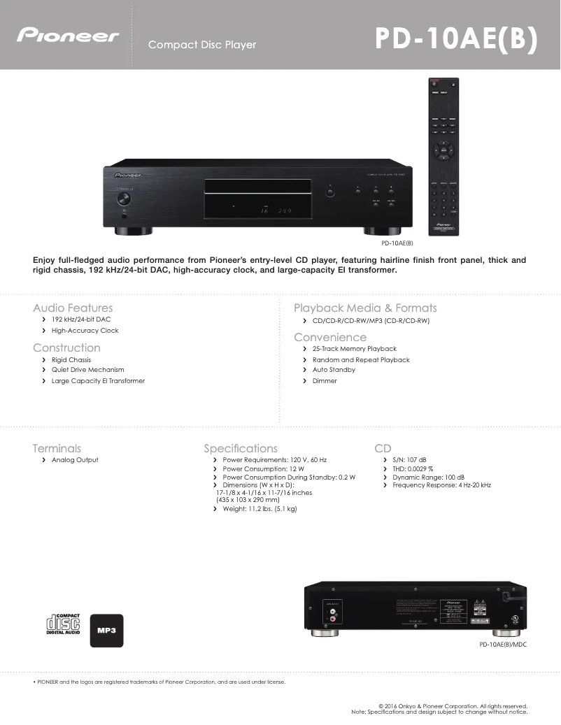 Page 1 de la notice Fiche technique Pioneer PD-10AE