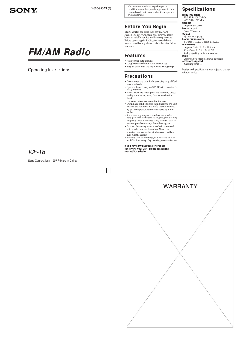 Page n°1 - Manuel utilisateur Sony ICF-18