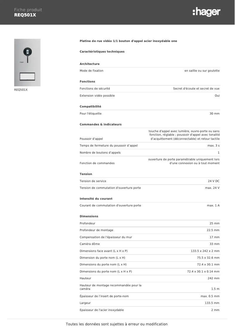 Page 1 de la notice Fiche technique Elcom REQ501X