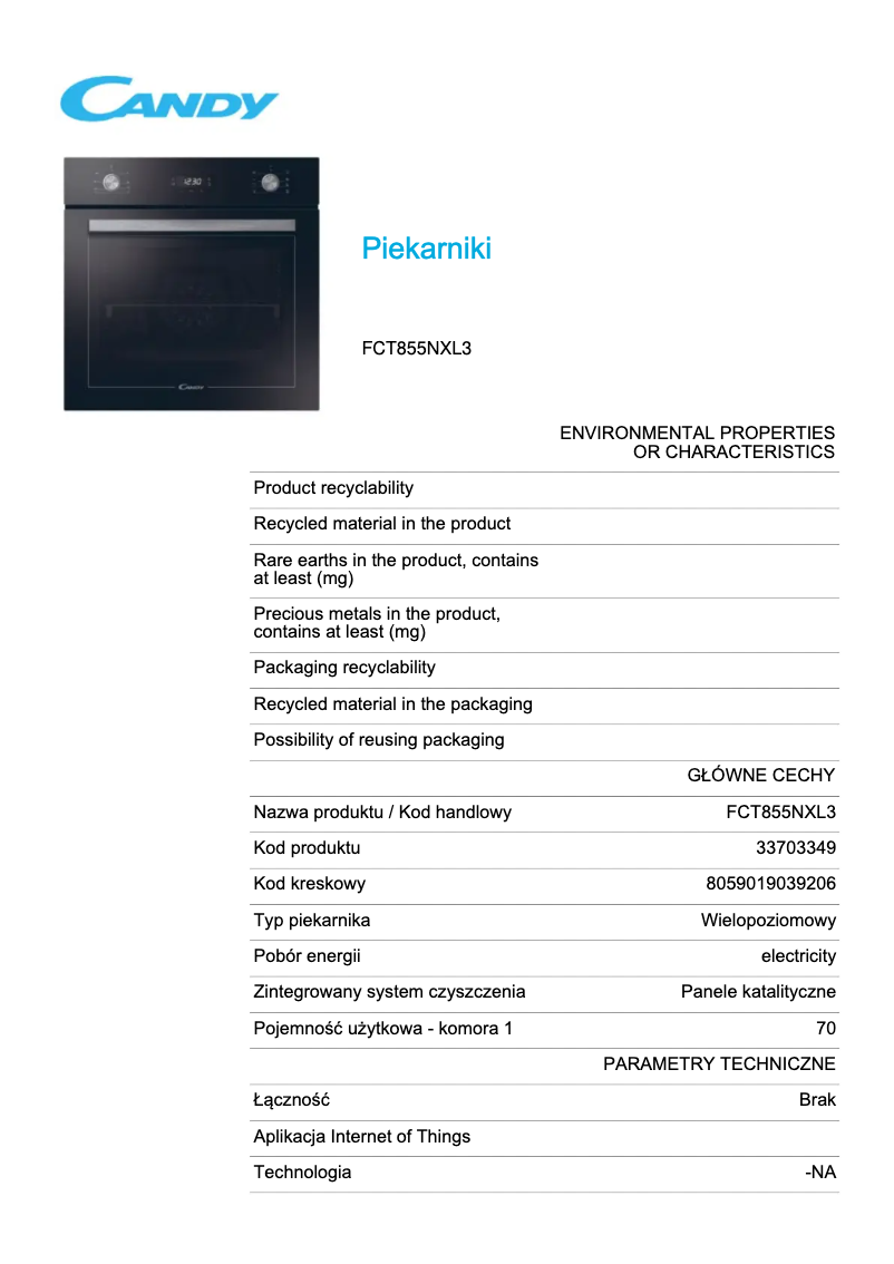 Page 1 de la notice Fiche technique Candy FCT855NXL3