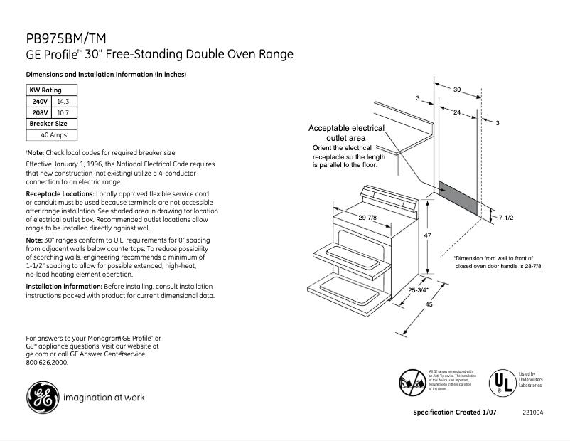 Page n°1 - Fiche technique GE Profile PB975BMBB