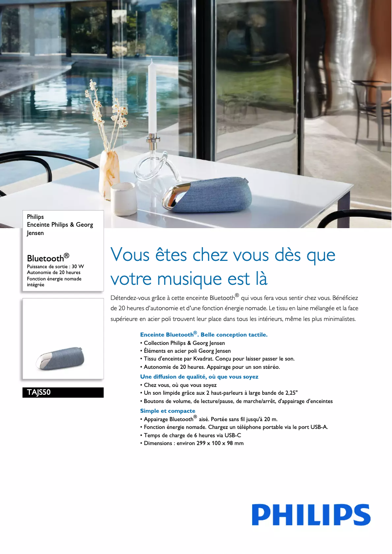 Page 1 de la notice Fiche technique Philips Georg Jensen TAJS50