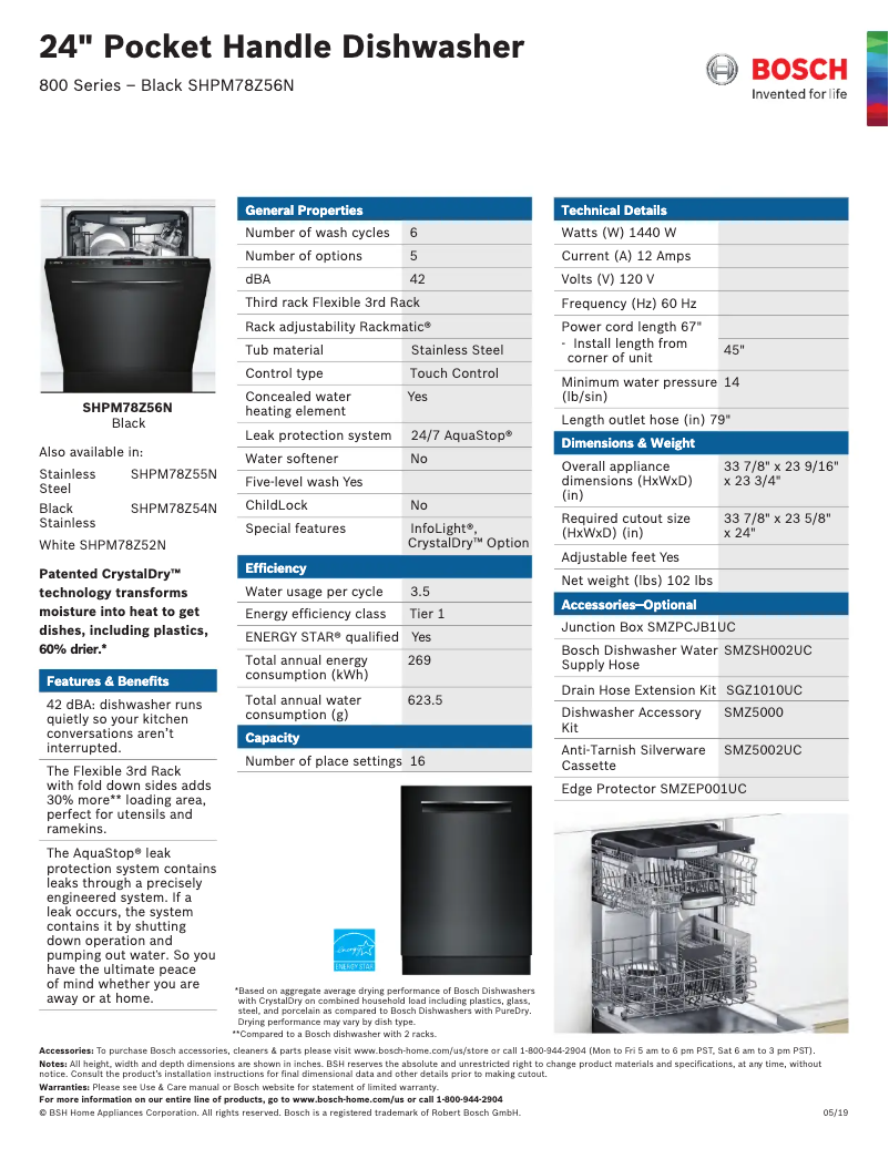 Page n°1 - Fiche technique Bosch SHPM78Z56N