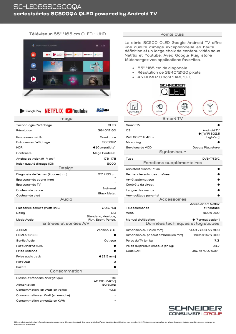 Page n°1 - Fiche technique Schneider SC-LED65SC500QA