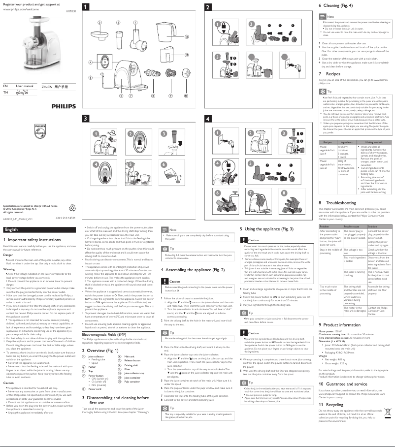 Page 1 de la notice Manuel utilisateur Philips Viva Collection HR1830