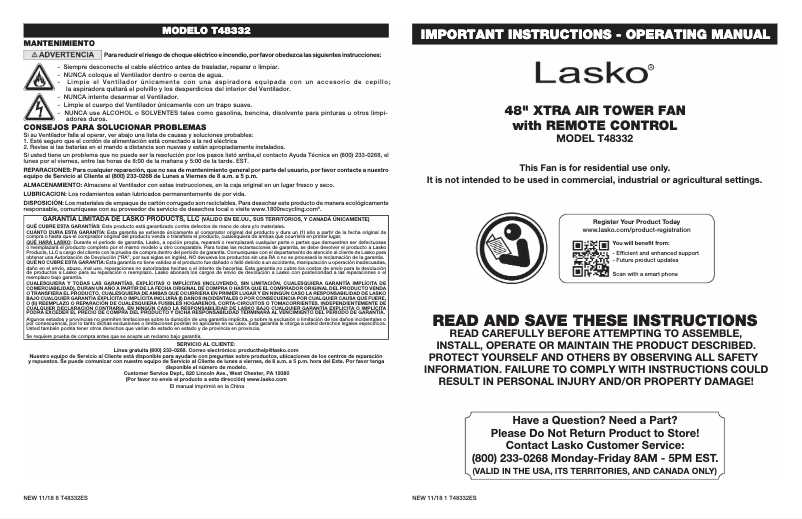 Page 1 de la notice Manuel utilisateur Lasko Xtra Air T48332