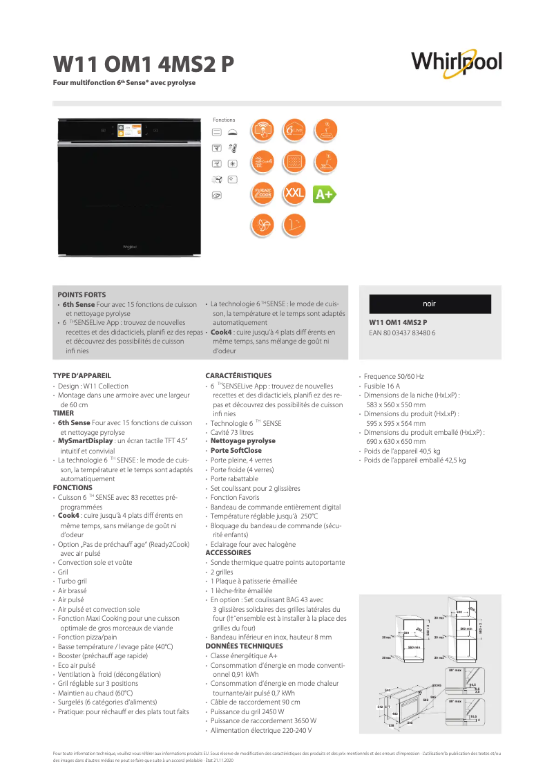 Page 1 de la notice Fiche technique Whirlpool W11 OM1 4MS2 P