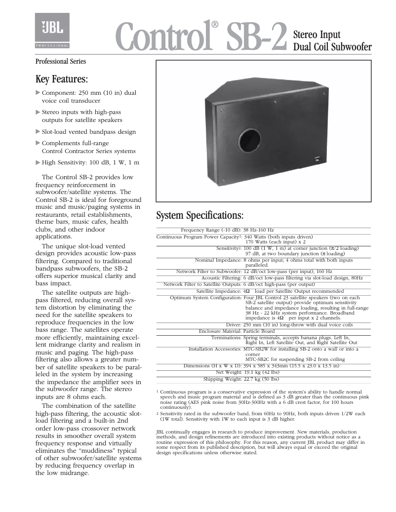 Page 1 de la notice Brochure JBL Control SB-2