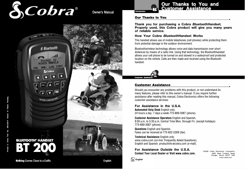 Page 1 de la notice Manuel utilisateur Cobra BT 200