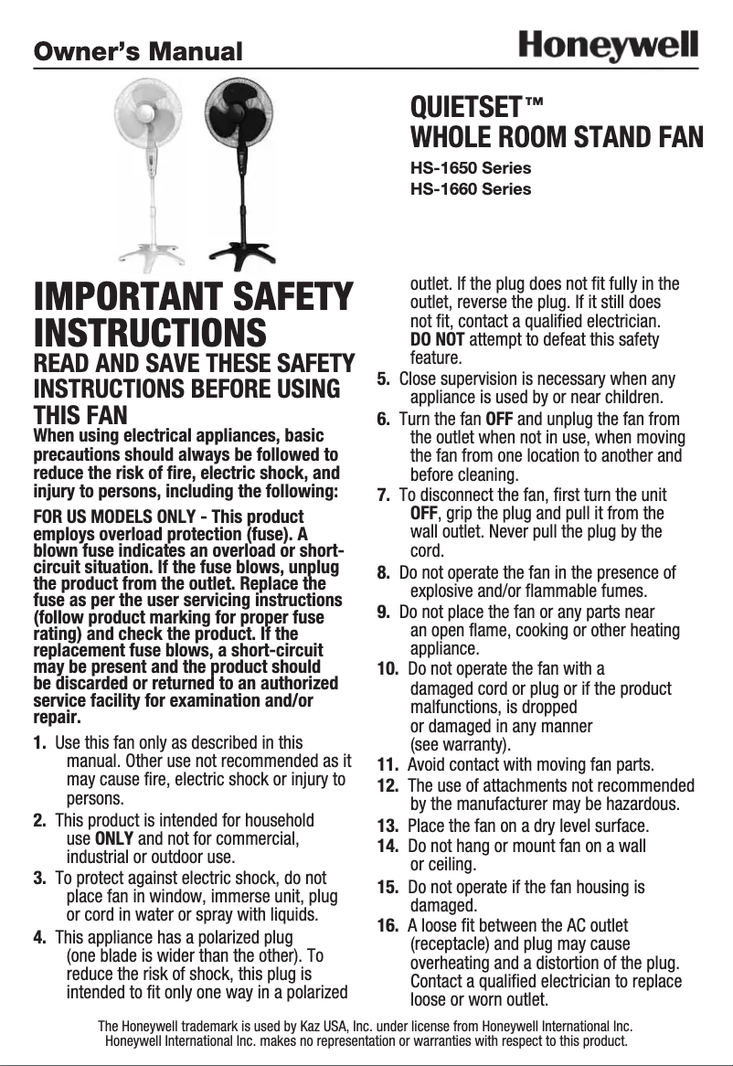 Page 1 de la notice Manuel utilisateur Honeywell QuietSet HS-1655 