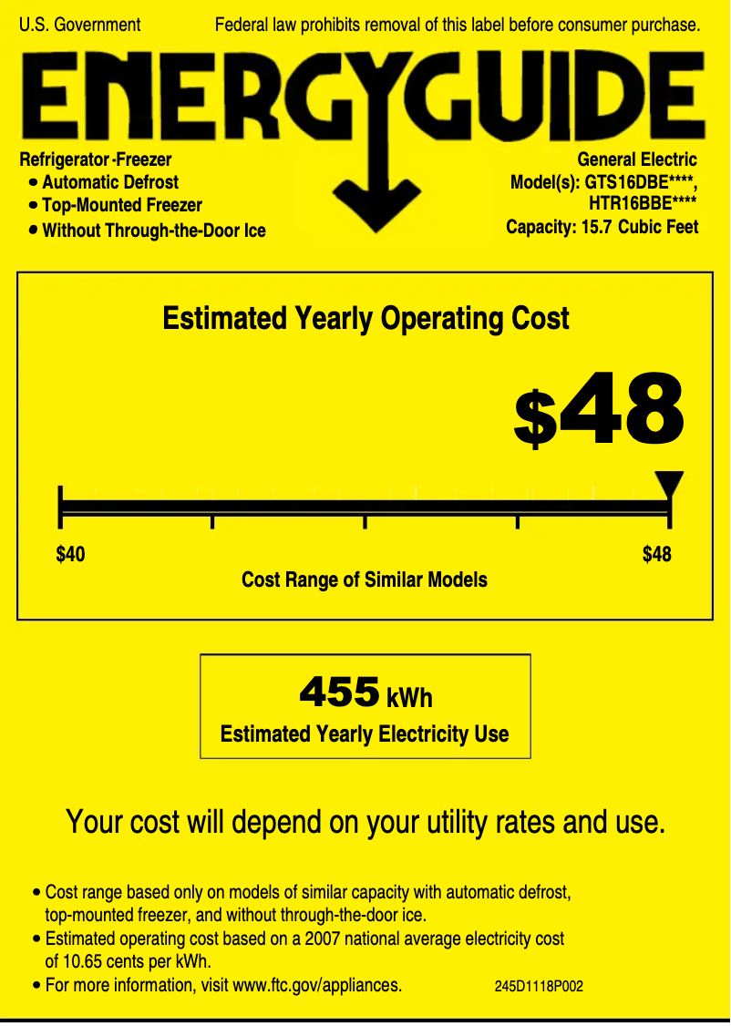 Page n°1 - Label énergétique GE GTS16DBERWW