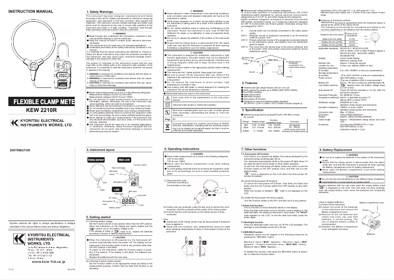 Page 1 de la notice Manuel utilisateur Kyoritsu KEW 2210R