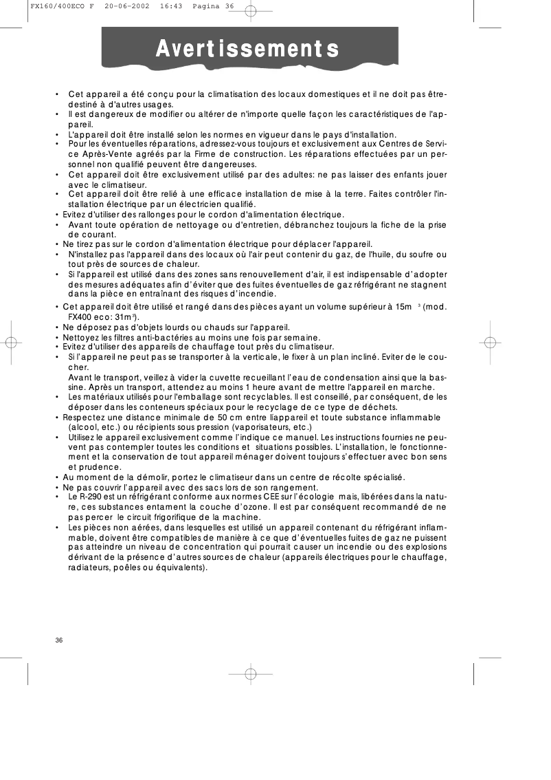 Page 1 de la notice Manuel utilisateur DeLonghi PACFX400ECO