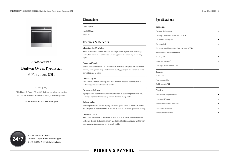 Page 1 de la notice Fiche technique Fisher & Paykel OB60SC6CEPX2