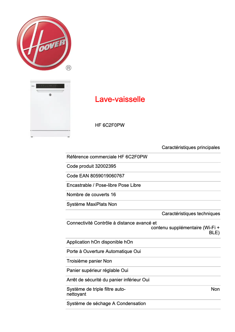 Page n°1 - Fiche technique Hoover HF 6C2F0PW
