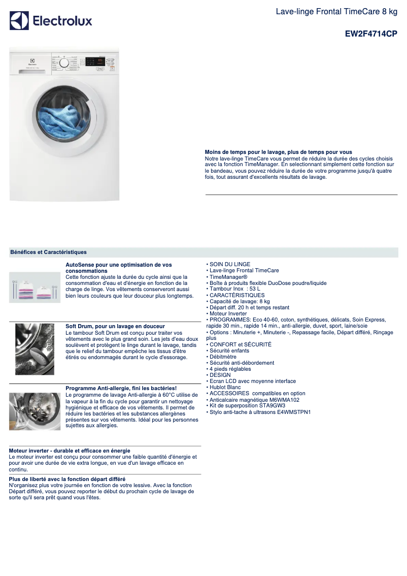 Page 1 de la notice Fiche technique Electrolux EW2F4714CP
