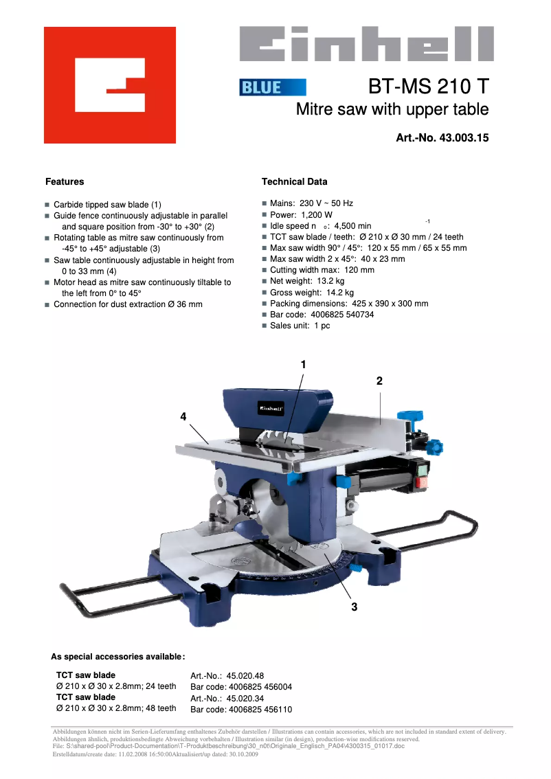 Page 1 de la notice Manuel utilisateur Einhell BT-MS 210 T